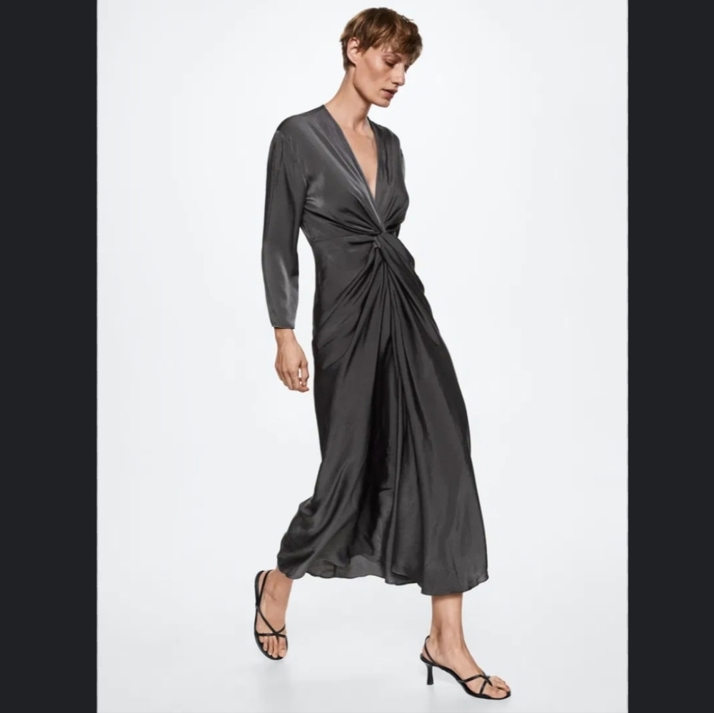 Mango Long Sleeves Grey Satin Knot Women's Dress Size 6